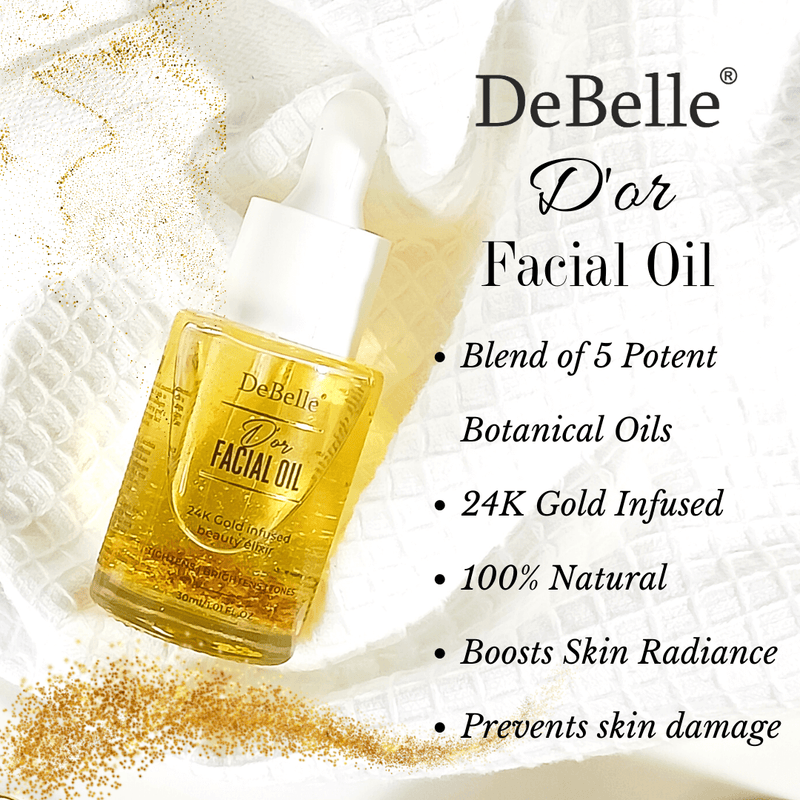 Features of Debelle Facial oil and a bottle placed on the surface against a cream background.