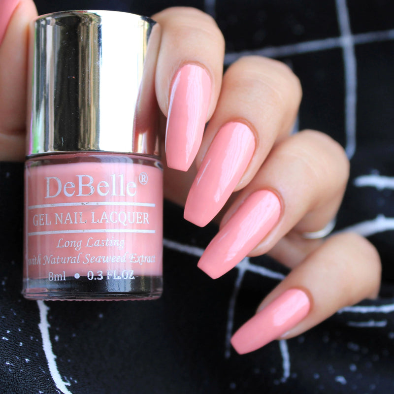 The charming pink on your nails with DeBelle gel nail color  Apricot Dew.Buy online at DeBelle cosmetix online store at affordable price.