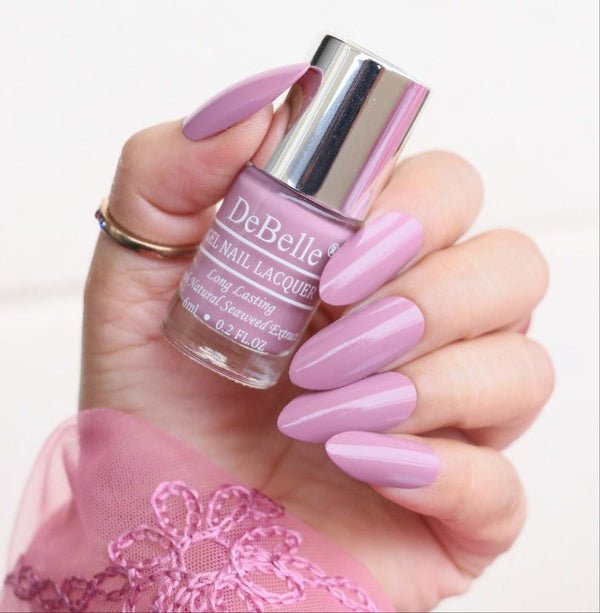 Elegant nails with DeBelle gel nail clolor Glamorous Jessica the light mauve shade.Buy the shade enriched  with hydrating and nourishing seaweed extract at DeBelle Cosmetix onilne store.