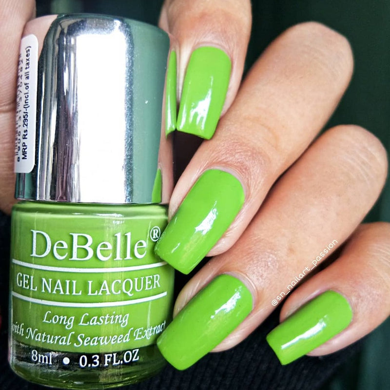 The feel of summer with DeBelle gel nail color matcha Cookie the parrot green shade. Shop online at DeBelle Cosmetix online store.