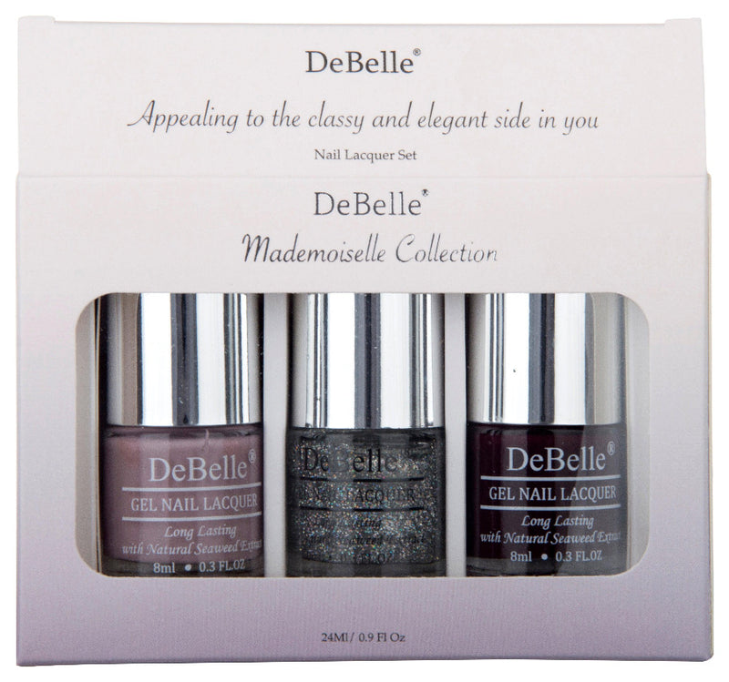DeBelle Mademoiselle Collection Gift Set Vintage Frost, Shimmer Top Coat, Glamorous Garnet - DeBelle Cosmetix Online Store
