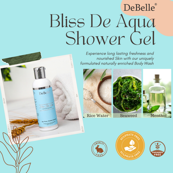 DeBelle Gel Douche Shower Gel | Bliss De Aqua | Rice Water, Seaweed & Menthol | 100 ml