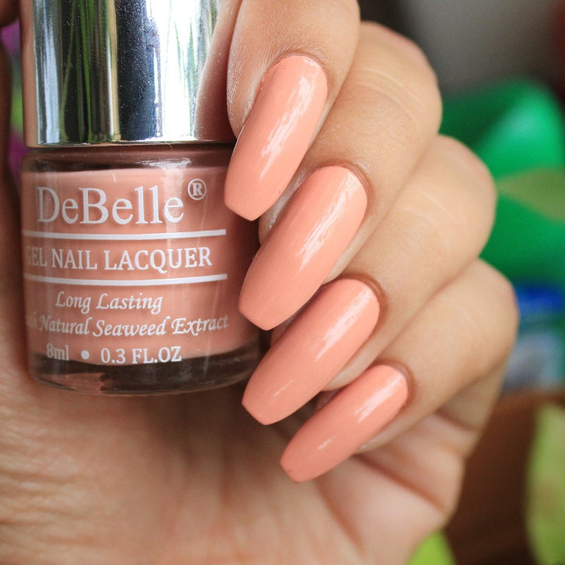 Look elegant in this peach pastel  DeBelle  gel shade Choco latte.Available at DeBelle Cosmetix online store.
