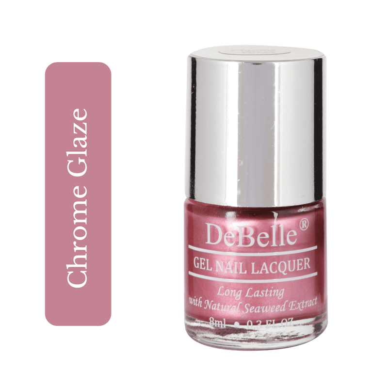 Pretty nails with DeBelle gel nail color Chrome Glaze  the pink with a metallic sheen. Buy with COD facility at DeBelle Cosmetix online store.