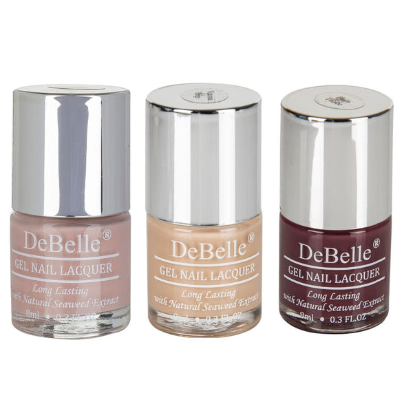 DeBelle Gel Nail Lacquers Combo of 3 Peony Blossom (Light Nude), Victorian Beige (Beige) & Plum Toffee (Burgundy) , 24 ml - DeBelle Cosmetix Online Store