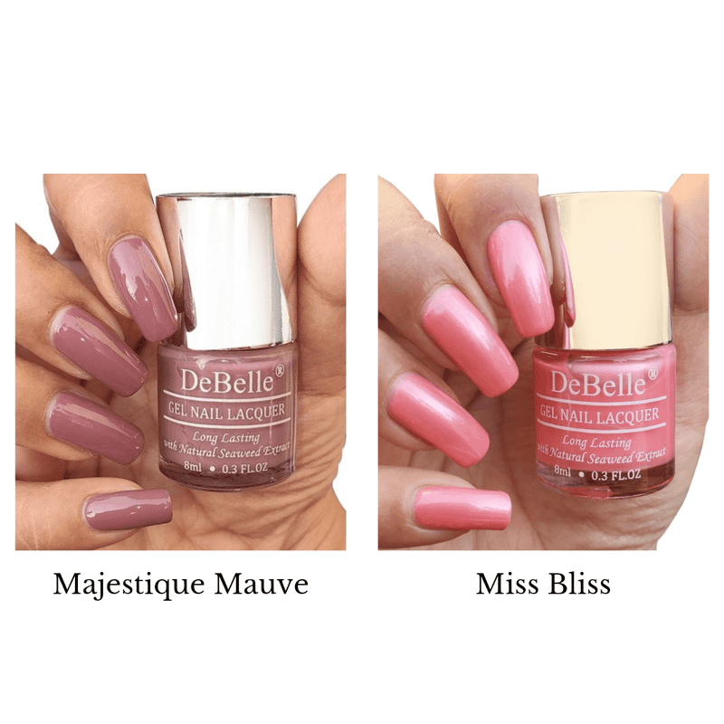 A special gift for your loved one- DeBelle Fleur De Pearl Gift Set of 2 nail polishes Miss Bliss and Majestique Mauve.Shop at DeBelle Cosmetix online store for these shades enriched with hydrating seaweed extract.