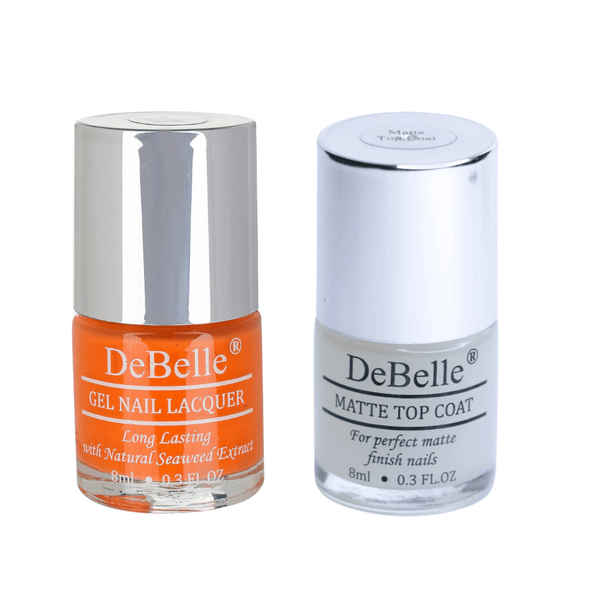 DeBelle Gel Nail Lacquer Tangerine Sheen & Matte Top Coat Combo - DeBelle Cosmetix Online Store