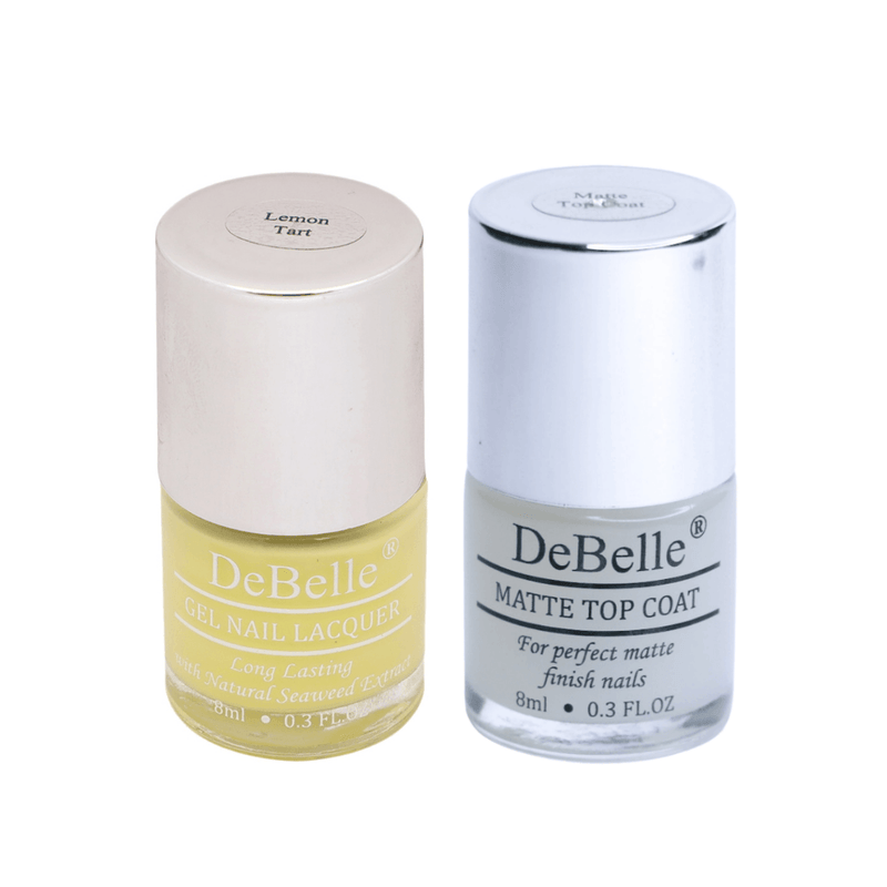 Combo of Debelle gel nail color  Lemon Tart and  Matte Top Coat. available at DeBelle Cosmetix online store.