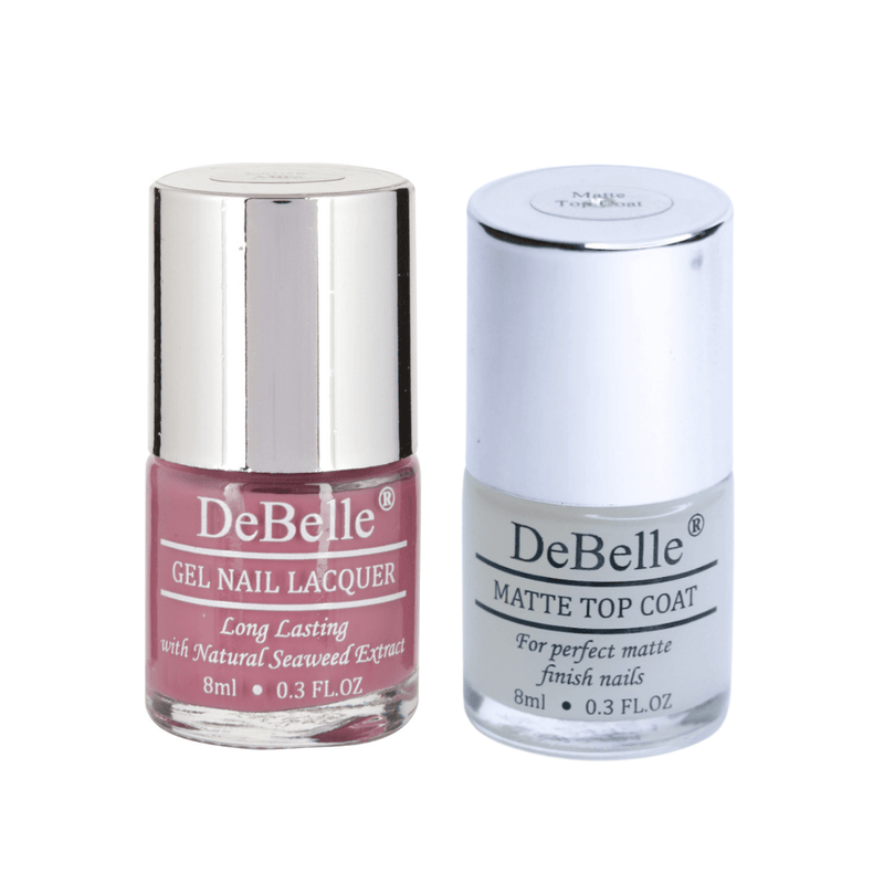 DeBelle gel nail color Combo of laura Aura  and Matte top Coat available at Debelle cosmetix online store.