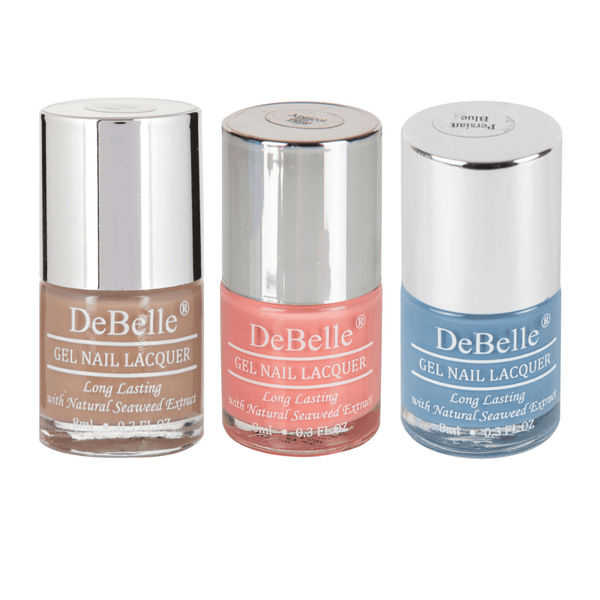 A delightful combo of 3 pastels.This DeBelle gel nail lacquer combo of 3 Bogey Berry pastels is  available at DeBelle Cosmetix online store.