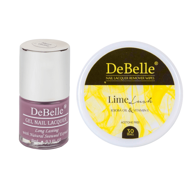 Grab this fantastic combo of DeBelle gel nail color Mauve Orchid and  Lime Lush remover wipes.