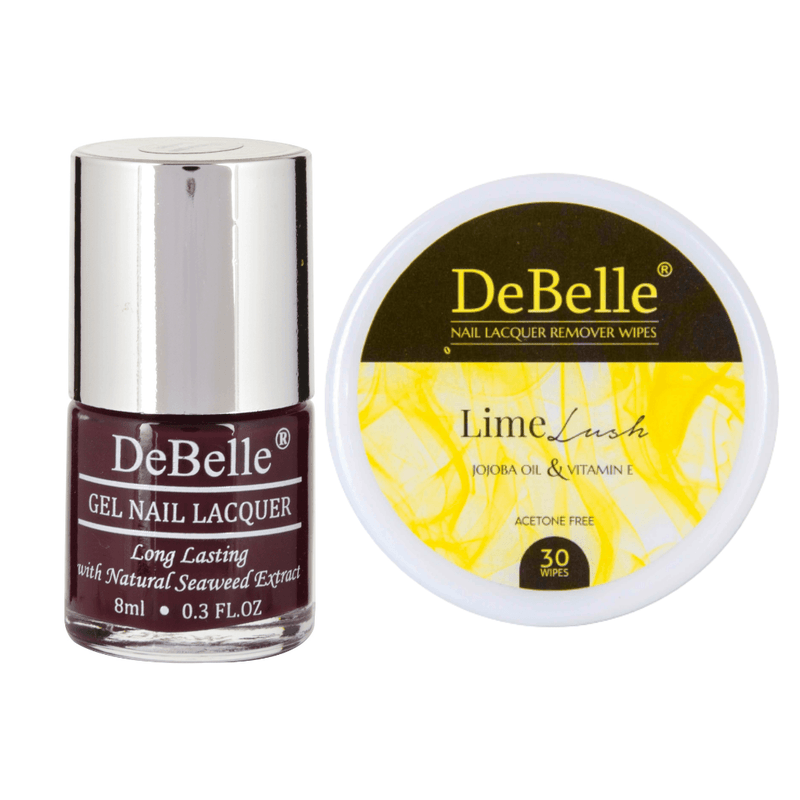Available at DeBelle Cosmetix online store  -DeBelle gel nail color Glamorous Garnet and Lime Lush remover wipes combo.