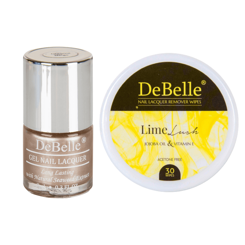 DeBelle gel nail color Chrome Beige and Lime Lush  remover wipes . This combo is available at DeBelle Cosmetix online store.
