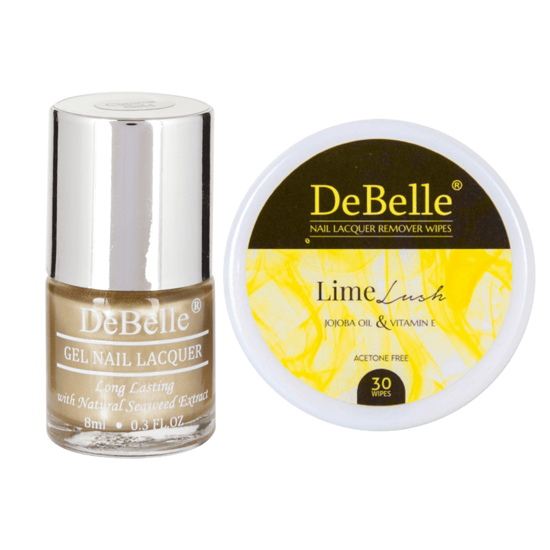 The exciting combo of DeBelle gel nail color Chrome Gold and Lime Lush remover wipes is available at DeBelle Cosmetix online store with COD facility.