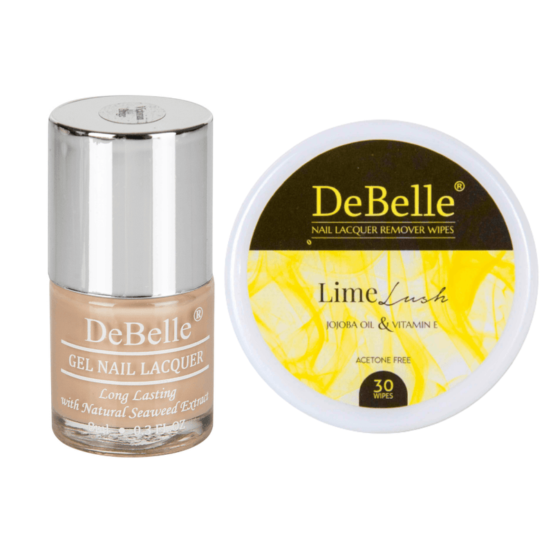 DeBelle Gel Nail Lacquer Victorian Beige & Lime Lush Nail Lacquer Remover Wipes Combo - DeBelle Cosmetix Online Store
