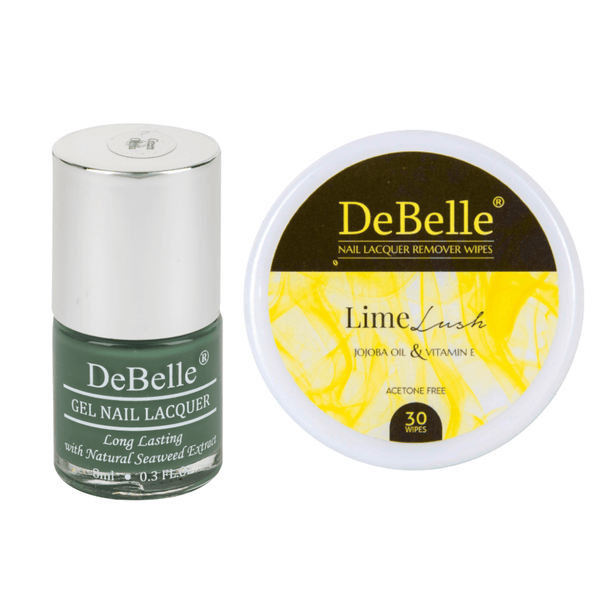 Shop online at DeBelle cosmetix online store  for this fabulous combo of DeBelle gel nail color Green Olivia and  Lime Lush remover wipes.