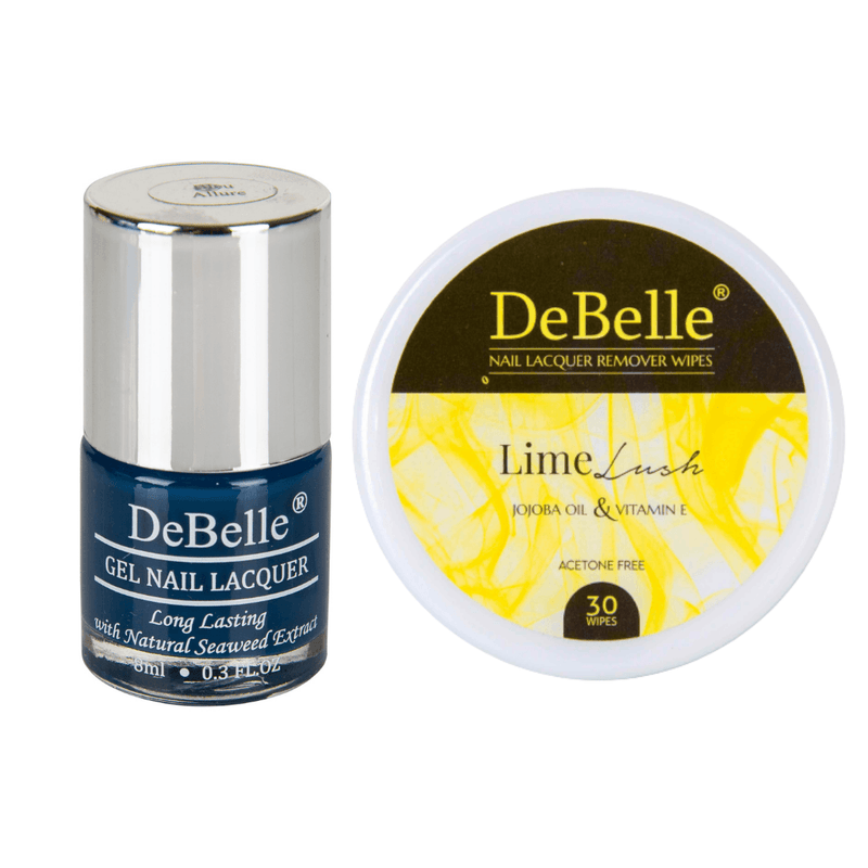 DeBelle Gel Nail Lacquer Bleu Allure & Lime Lush Nail Lacquer Remover Wipes Combo - DeBelle Cosmetix Online Store