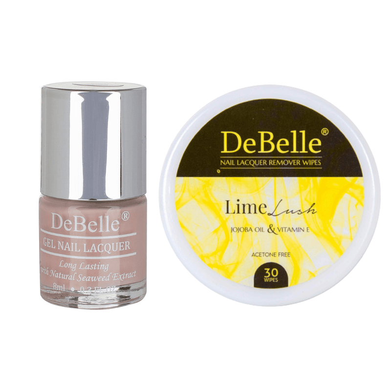 DeBelle Gel Nail Lacquer Peony Blossom & Lime Lush Nail Lacquer Remover Wipes Combo - DeBelle Cosmetix Online Store