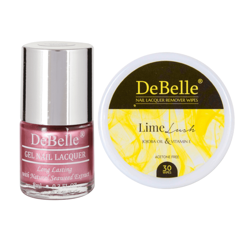 This combo of DeBelle gel nail color Chrome Glaze  and Lime Lush  remover wipes  -this combo is available at DeBelleCosmetix online store.