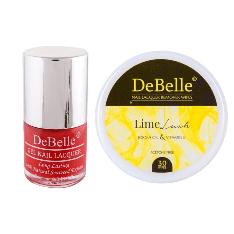 DeBelle Gel Nail Lacquer French Affair & Lime Lush Nail Lacquer Remover Wipes Combo - DeBelle Cosmetix Online Store