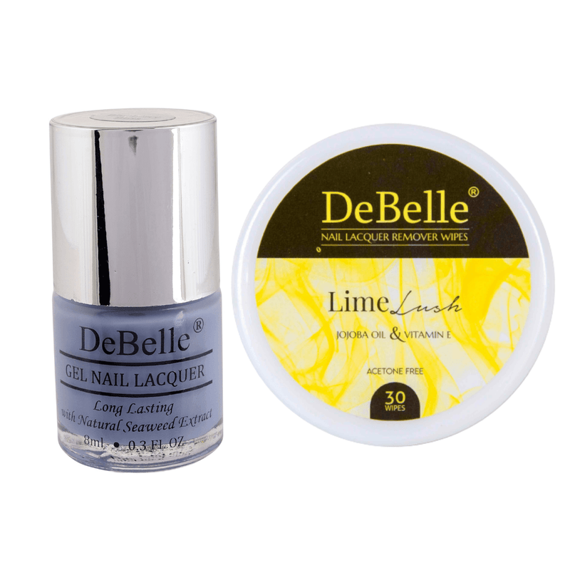 DeBelle Gel Nail Lacquer Blueberry Bliss & Lime Lush Nail Lacquer Remover Wipes Combo - DeBelle Cosmetix Online Store