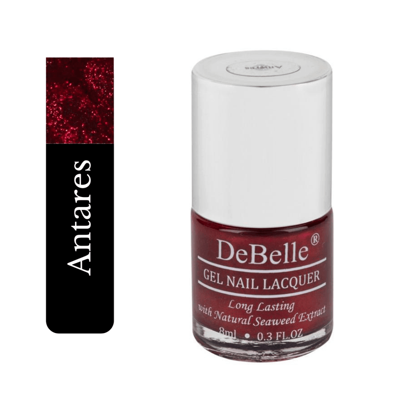 The glam look with DeBelle gel nail color Antares the deep maroon shade. Buy online this chip resiostant shade at DeBelle Cosmetix online store.