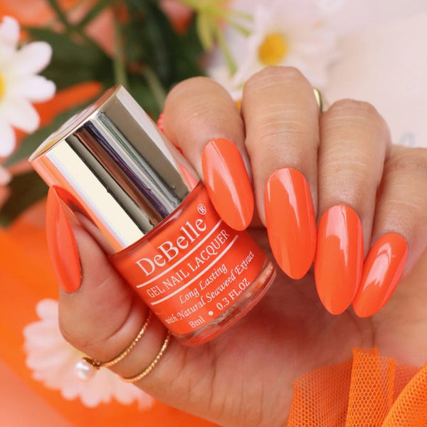 Dressed to kill nails with DeBelle gel nail color Apricot Brulee the  dusty orange shade. Buy online at DeBelle Cosmetix online store at affordable price.