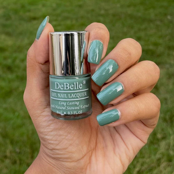 Change the concept of red is the shade for  nails with DeBelle gel nail  color Asparagus Fern the lovely seagreen color at your nail tips.  Available at DeBelle Cosmetix online store