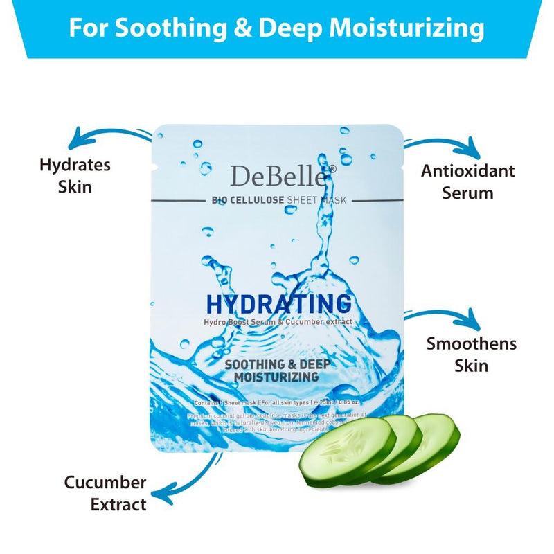 Infographic of Debelle hydrating sheet mask against a white background.