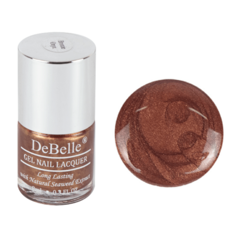 Charming are your nails with DeBelle gel nail ciolor Bronze Onyx the enchanti=ng cinnamon bronze  metallic  shade . This shade enriched with  seaweed extract is available at DeBelle Cosmetix online store. 