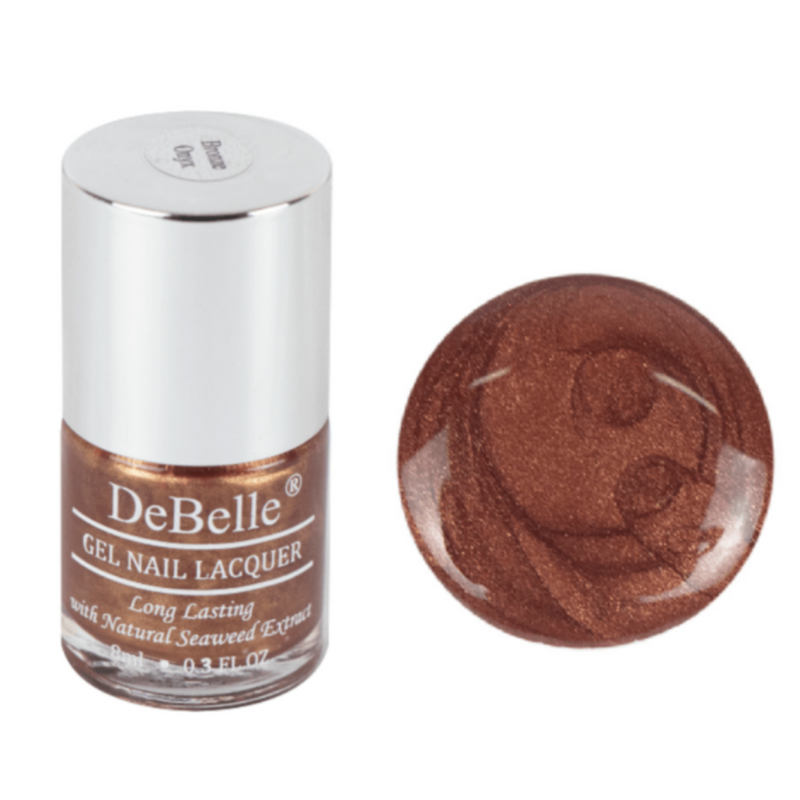 Charming nails with DeBelle gel nail color Bronze Onyx-the cinnamon  color with a bronze metallic sheen 