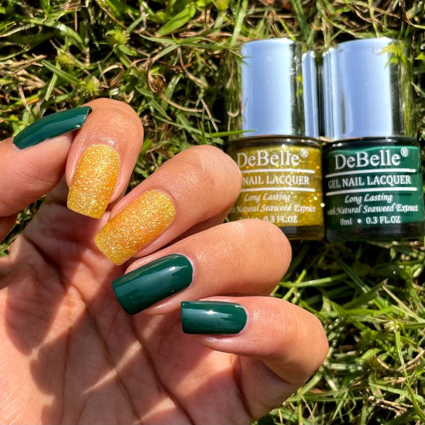 The bottle green DeBelle gel nail color Hyacinth Folio and the lime yellow with glitter available in a combo at DeBelle Cosmetix  online store with COD facility.