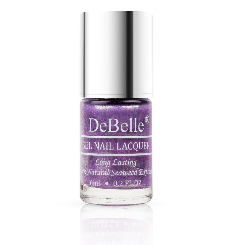 Shimmery nails with DeBelle gel nail color  Hello Hannah the beautiful purple with a gold shimmer.Shop for this vegan, cruelty free , nontoxic , chip resistant, quick drying nail color at DeBelle Cosmetic online store.