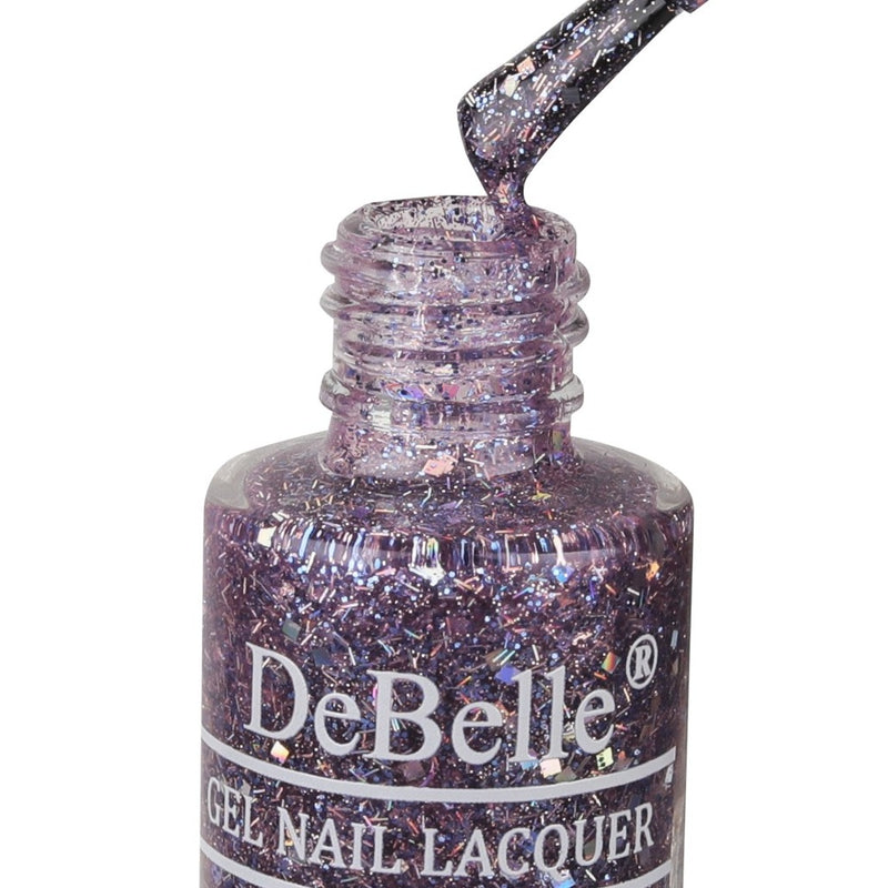 Opened Bottle of Debelle Light purple Nail polish bottle with a white background.