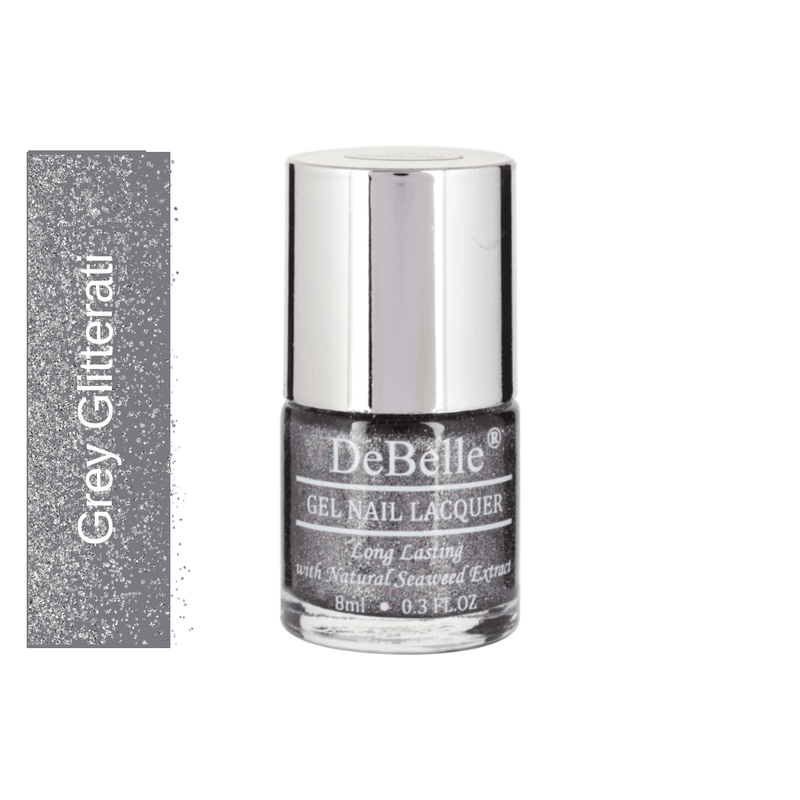 Grey is never boring with this silver glitter in it- DeBelle gel nail color Grey Glitteratti. Shop online from the comfort of your home at DeBelle Cosmetix online store,