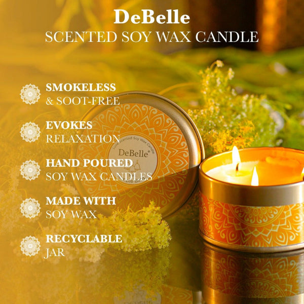 evokes elaxation, hand poured candles, soot free.