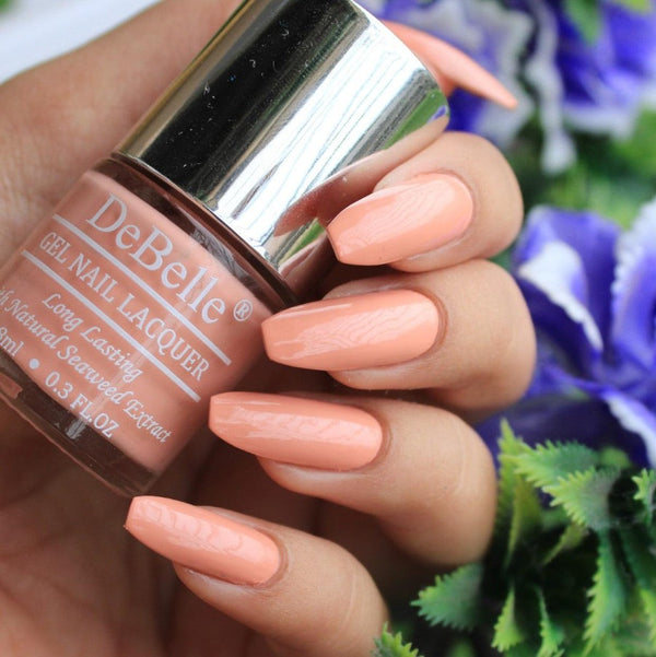 The warm peach shade DeBelle gel nail color Choco Latte .Available at DeBelle Cosmetix onlione store.