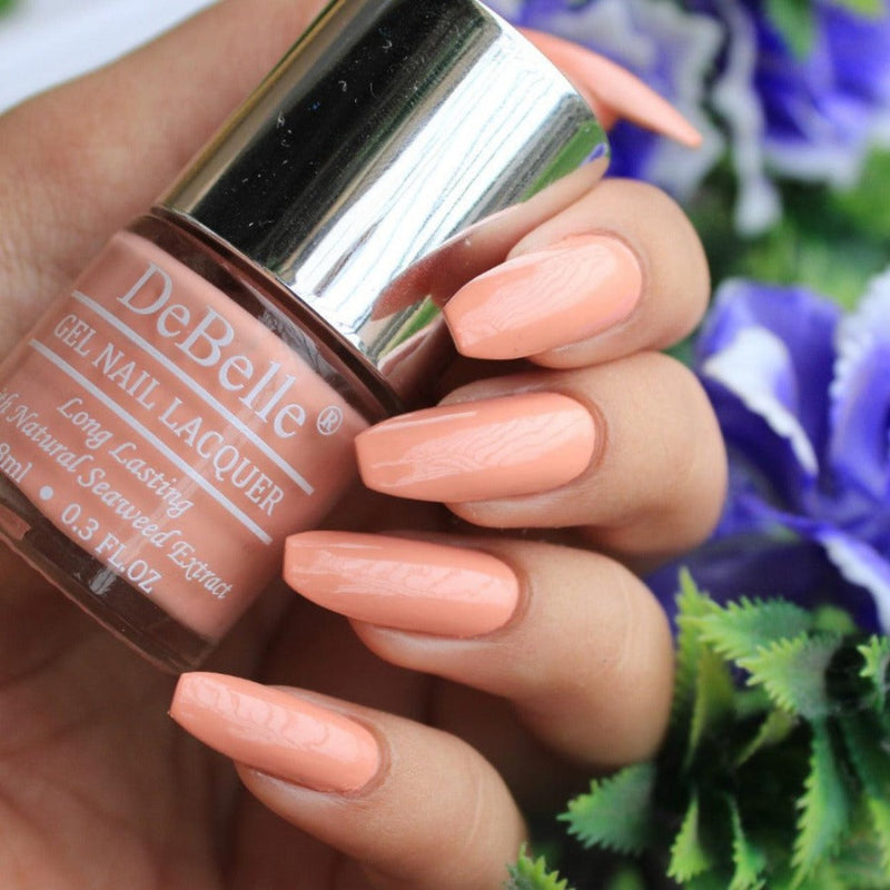 The warm peach shade DeBelle gel nail color Choco Latte .Available at DeBelle Cosmetix onlione store.