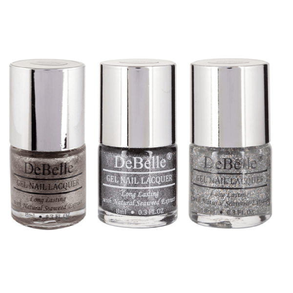 A surprise gift for your loved one-DeBelle gel nail lacquer comboset of 3-Sparkling Dust, Grey Glitteratti&Shimmer  Top Coat.