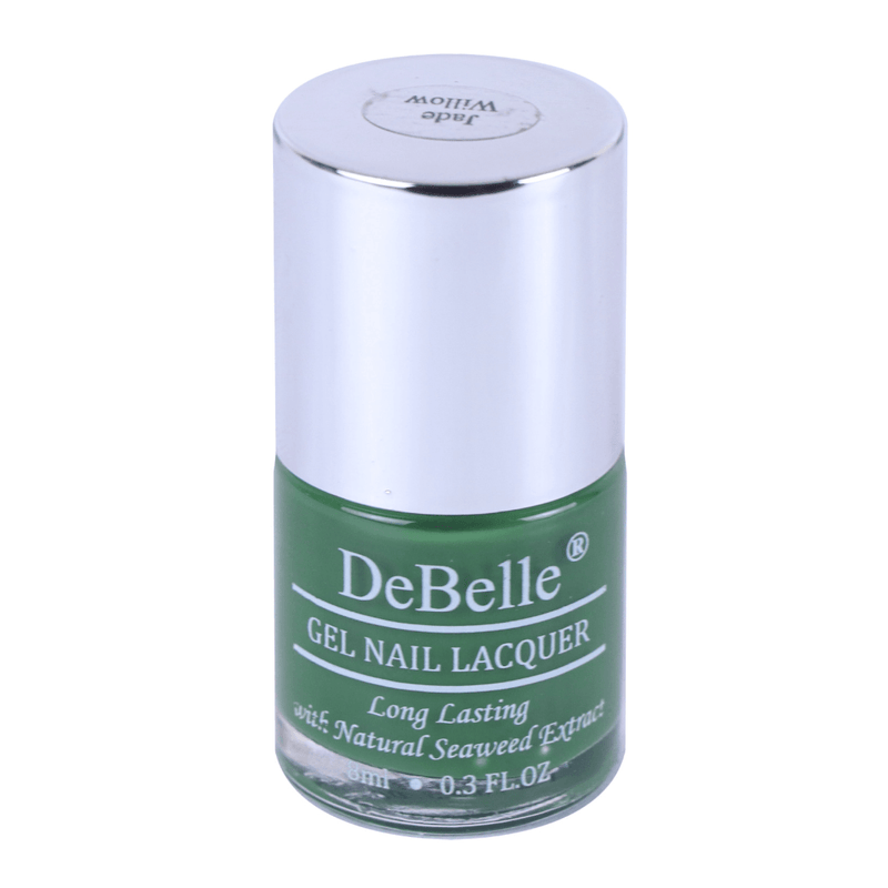 DeBelle olive green Nail polish bottle against a white background