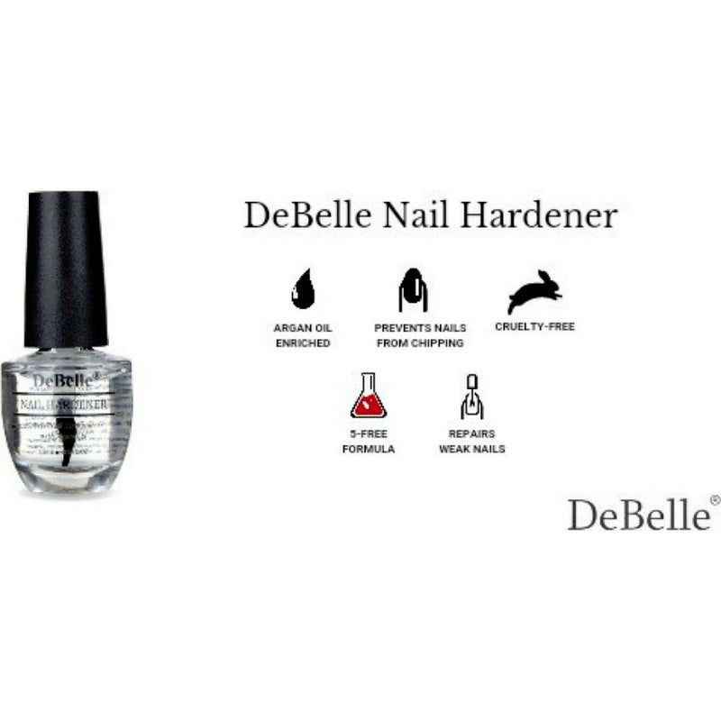 Features of DeBelle Nail Hardner with the bottle placed next to it.