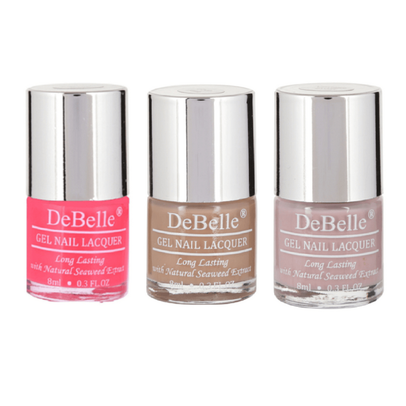 Pink  ,brown and purple comes together in this DeBelle gel nail lacquer combo of 3. Don't miss this wonderful combo . Buy at DeBelle Cosmetix online store.