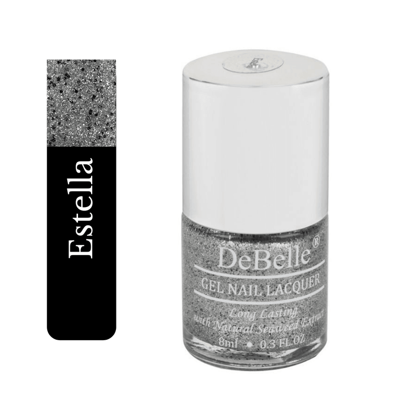 DeBelle Gel Nail Lacquer Estella - view of the nail polish bottle and its glitter shade against a white background