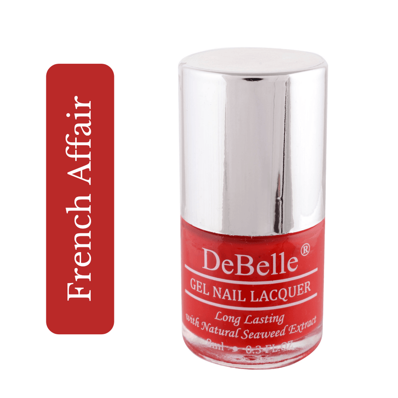 DeBelle Scarlet Red Nail Polish Front view of nail polish bottle with a white background 