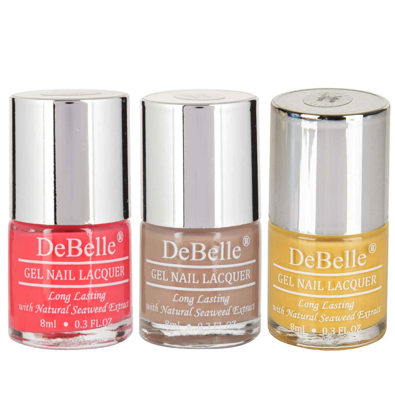 DeBelle Gel Nail Lacquers Combo of 3 Fuschia Rose , Coco Bean and Yellow Topaz - 8 ml each - DeBelle Cosmetix Online Store