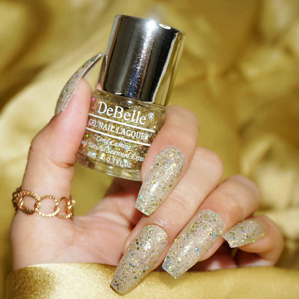 Your nails  with this glittery DeBelle gel shade Galaxia will be the envy of all.Shop at DeBelle Cosmetix online store at affordable price