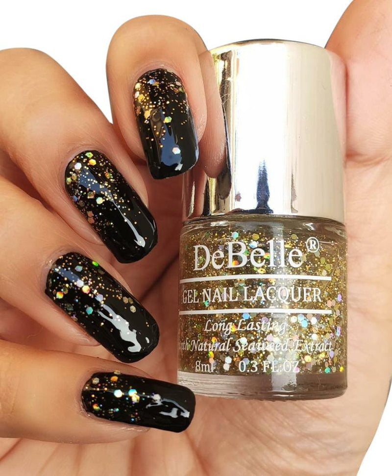 Nothging to baet the beauty of  Debelle gel nail color applied as a top coat over black. Shop online at DeBelle Cosmetix online store.
