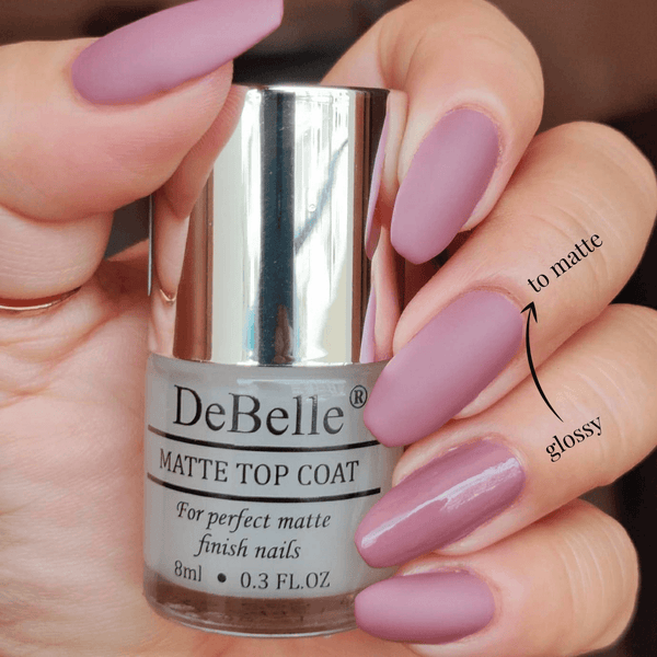 The combo of DeBelle gel nail color Majestique and Matte top Coat available at DeBelle Cosmetix online store.