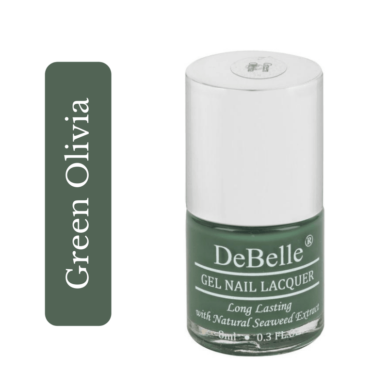 DeBelle olive green Nail polish bottle against a white background  from the front-view.
