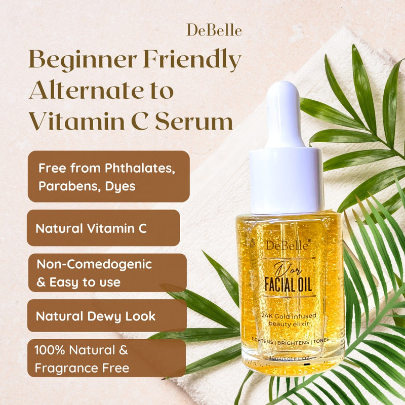 Features of DeBelle facial oil and bottle placed on the surface with a cream background against Green leaves.